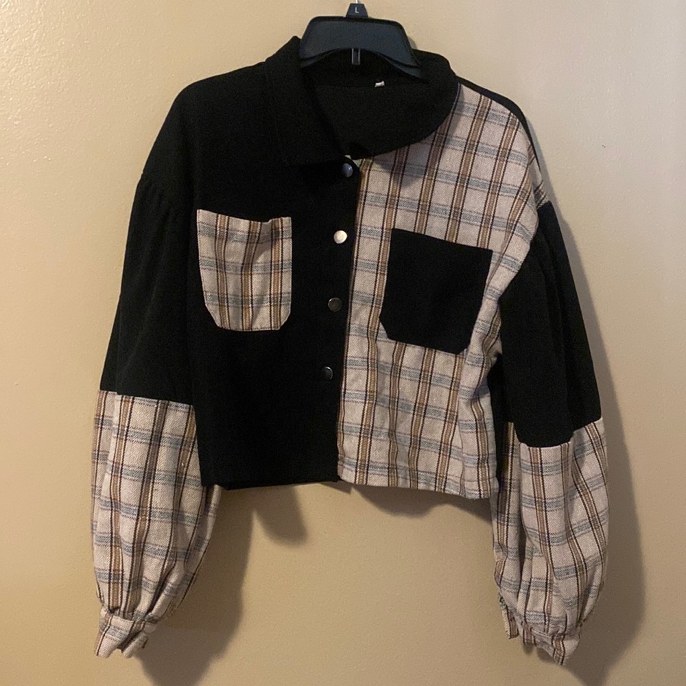 Shein Collared Long Sleeve Crop Top with Puffed Sleeves